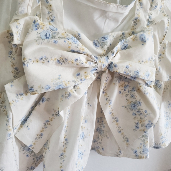 Altar'd State Cream & Blue Floral Print Flutter Sleeve Blouse with Tie Back. #MP - Picture 6 of 8
